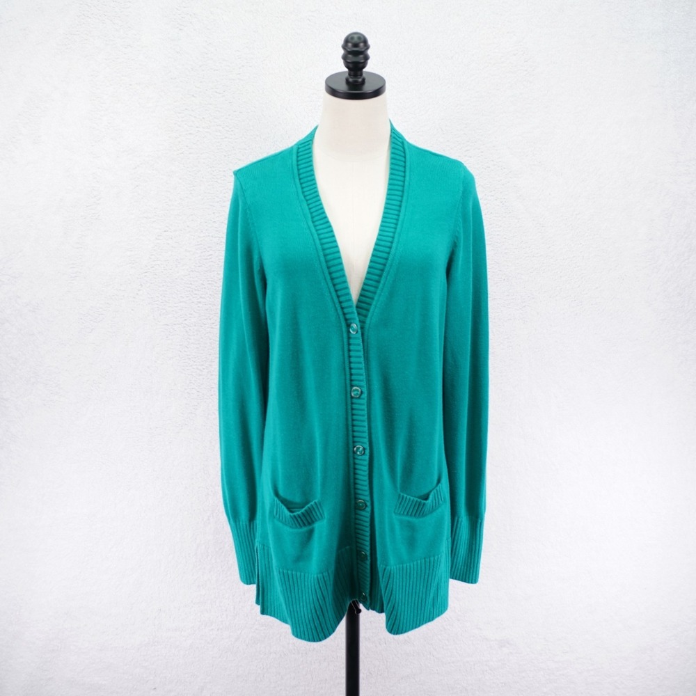 Isaac Mizrahi Live Essential Button Up V-Neck Cardigan Sweater Teal Medium Knit‎